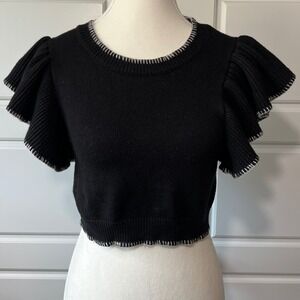 Day + Moon‎ Ruffle Sleeve Crop Top Knit Sweater Black Trendy Size S